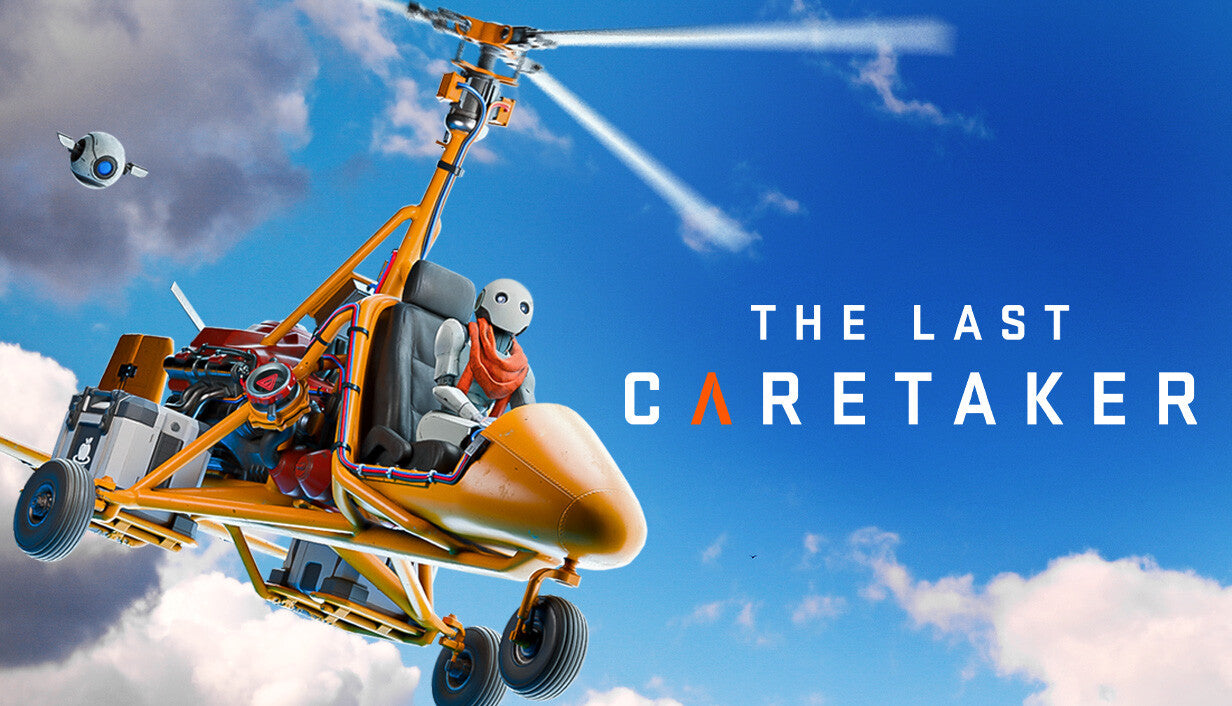 Official cover art for The Last Caretaker, featuring a robot with an orange scarf piloting a yellow gyrocopter in a blue sky.