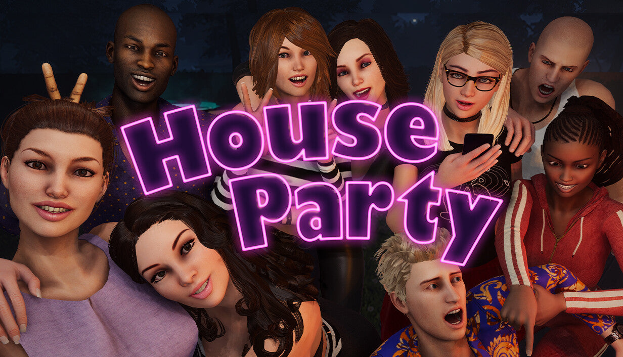 Cover art for House Party, showcasing a large group of smiling, diverse partygoers gathered together under a glowing neon pink logo at night.