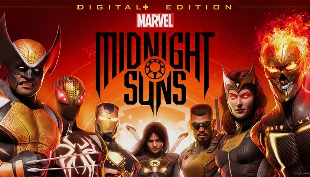 Official key art for Marvel's Midnight Suns Digital+ Edition PC Steam game featuring tactical RPG superheroes.