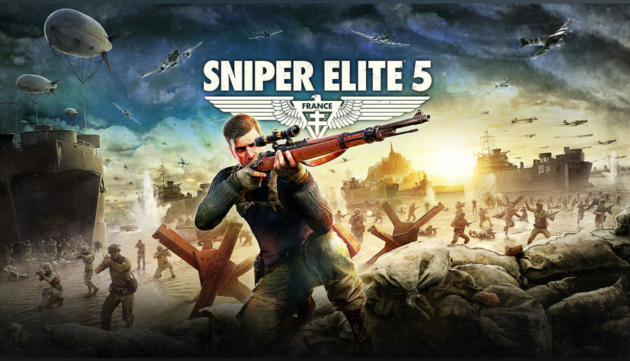 Official key art for the tactical third-person shooter game Sniper Elite 5 for XBOX and PC.