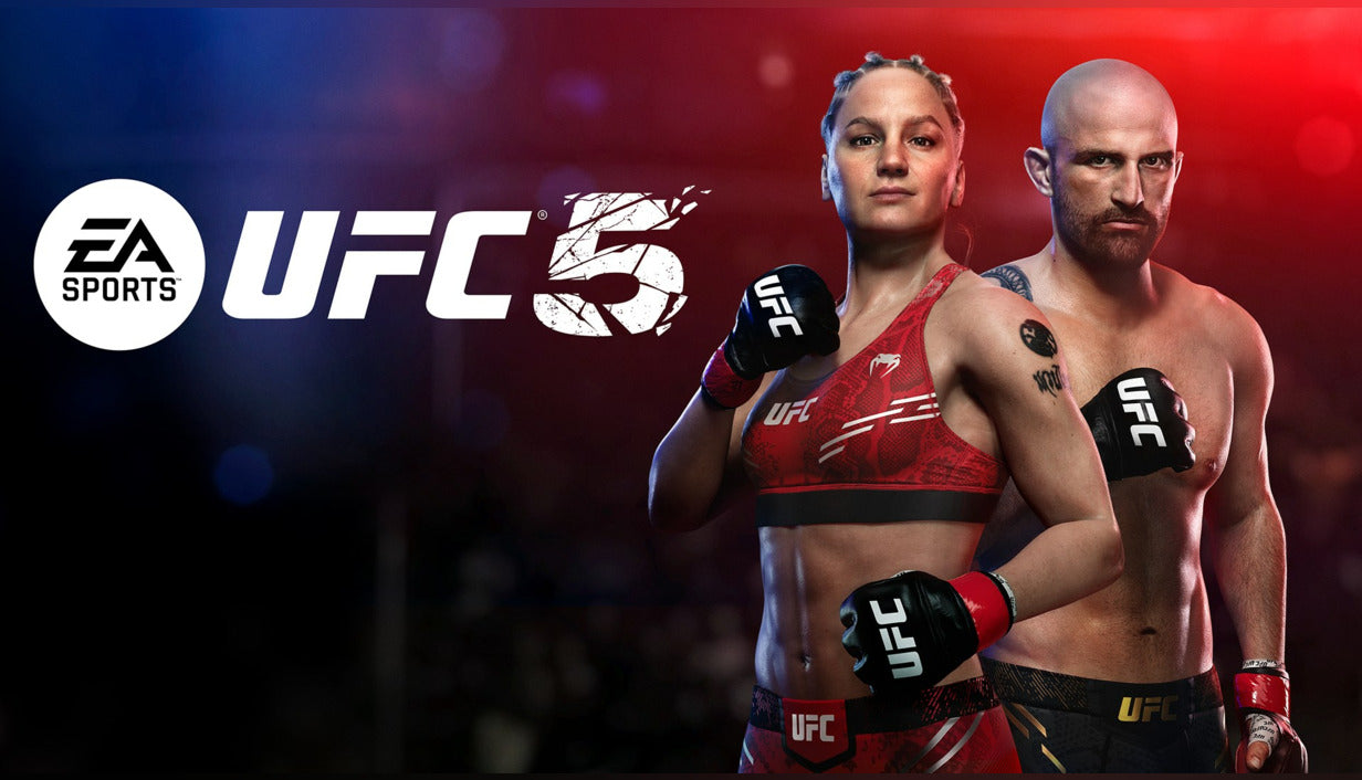Official cover art for UFC 5 featuring mixed martial artists in a competitive fighting stance on an XBOX Series platform.