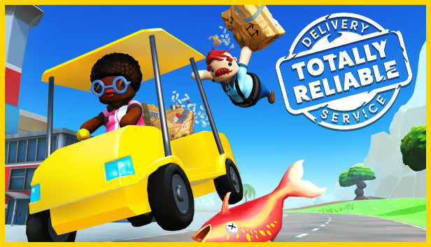 Official cover art for the physics-based multiplayer game Totally Reliable Delivery Service featuring colorful characters.