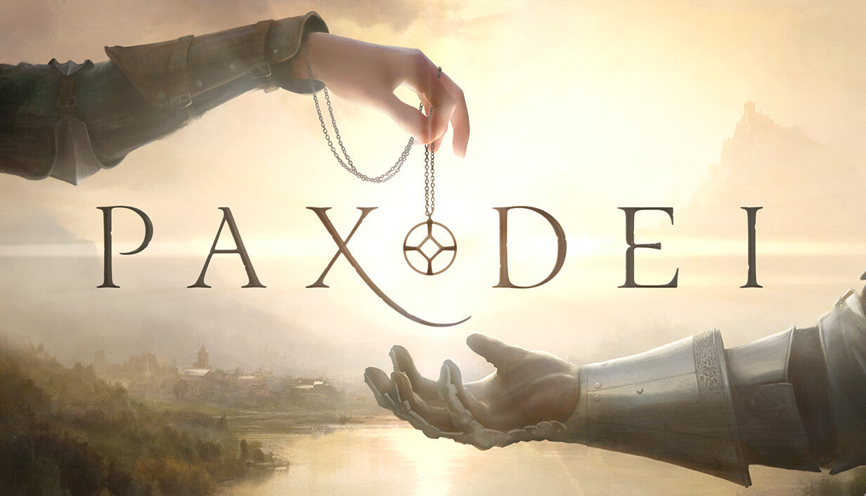 Official cover art for the medieval MMORPG Pax Dei featuring a character overlooking a vast, atmospheric mountain landscape.