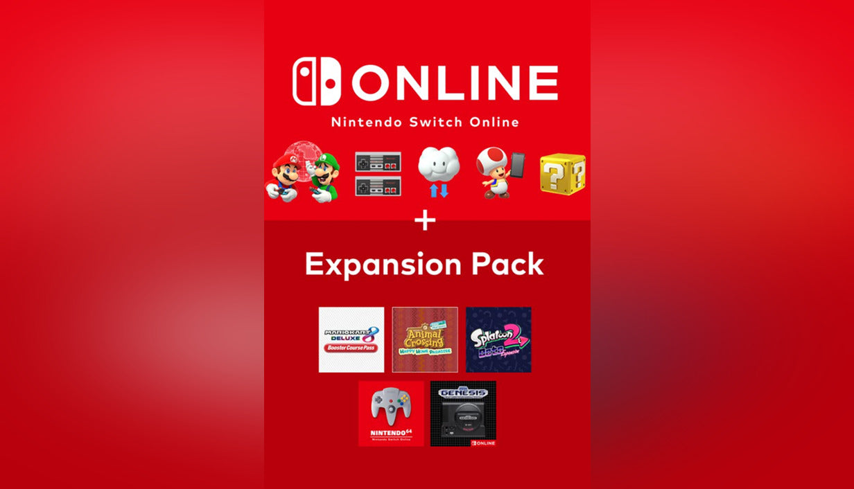 Official cover art featuring the white Nintendo Switch Online logo and Expansion Pack text on a solid red background.