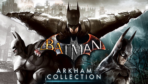 Cover art for Batman: Arkham Collection displaying a montage of three different versions of Batman from the series, including one crouching in black and white, one gliding with fully extended cape, and a dark close-up portrait on the right.