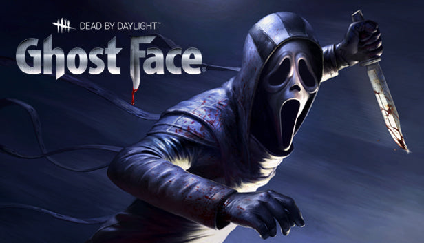 Key art for Dead by Daylight - Ghost Face, illustrating the titular killer lunging forward dynamically while holding a bloody knife and wearing his iconic screaming mask and dark shroud.
