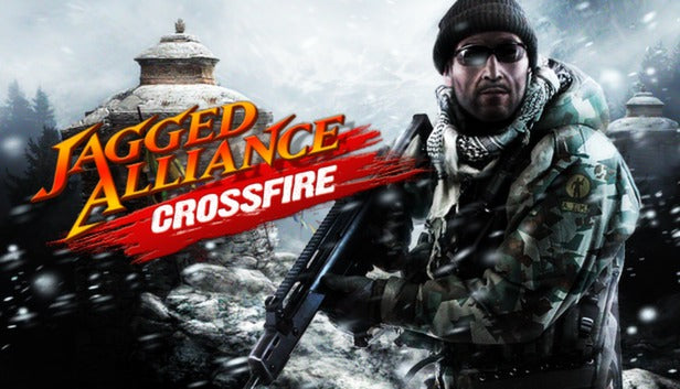 Official promotional game art for the tactical RPG Jagged Alliance: Crossfire, showcasing combat mercenaries on a missions layout.