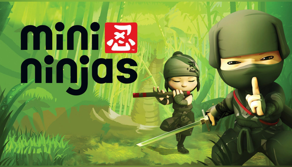 Vibrant green cover art for Mini Ninjas showing two cartoonish, cute ninjas in a bright bamboo forest; one holds a finger to their lips to signal silence while gripping a sword, and the other plays a bamboo flute in the background.