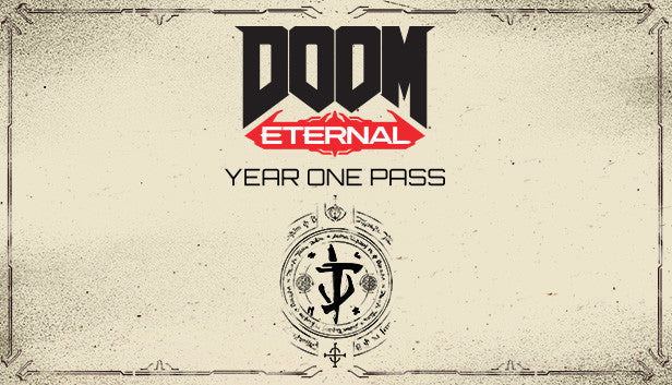 Official cover art for DOOM Eternal Year One Pass featuring the Doom Slayer standing amidst a hellish landscape.
