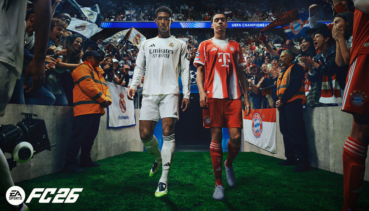 Official EA Sports FC 26 cover art featuring Jude Bellingham and Jamal Musiala walking out of a stadium tunnel.