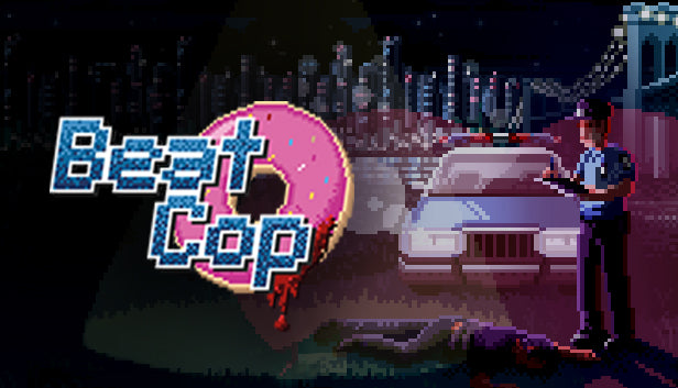 Official promo art for Beat Cop, an '80s-inspired retro pixel art adventure game developed by Pixel Crow and published by 11 bit studios.