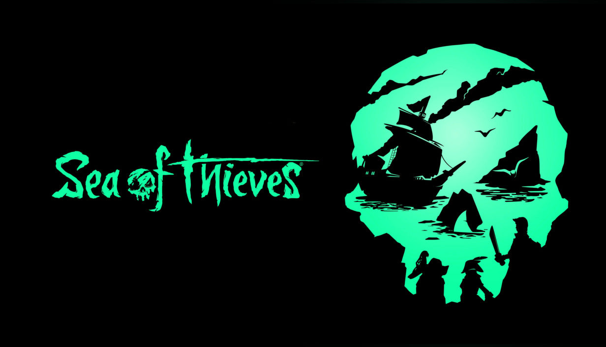 Official cover art for the action-adventure game Sea of Thieves featuring a pirate theme on a vibrant blue ocean background.