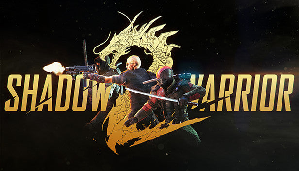 Cover art for the action game Shadow Warrior 2 featuring Lo Wang and two masked warriors standing back-to-back wielding weapons.