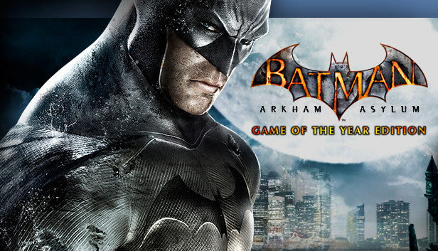 Official cover art for Batman: Arkham Asylum Game of the Year Edition featuring Batman against a dark, gothic backdrop.