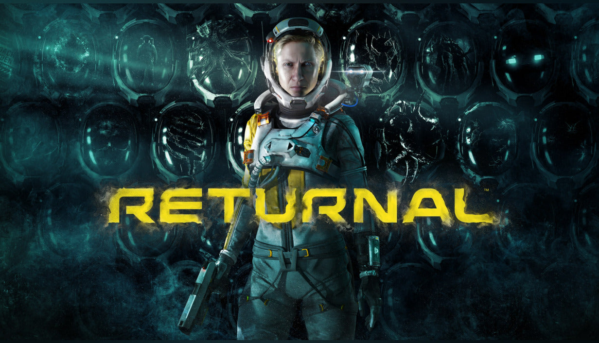 Official cover art for the PS5 roguelike shooter game Returnal featuring a sci-fi astronaut in front of an alien background.