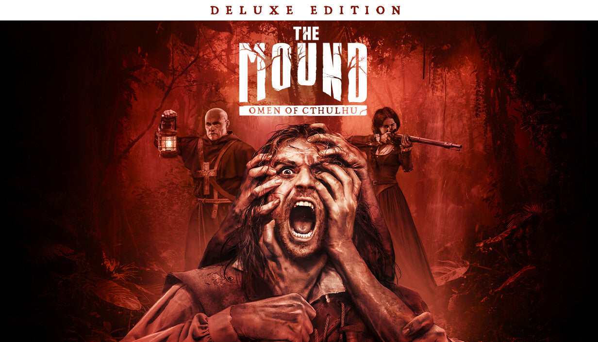 Cover art for The Mound: Omen of Cthulhu Deluxe Edition, a first-person survival horror roguelike video game.