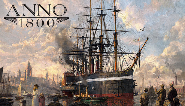 Official cover art for the city-builder strategy game Anno 1800 featuring a large industrial steamship in a busy 19th-century port.