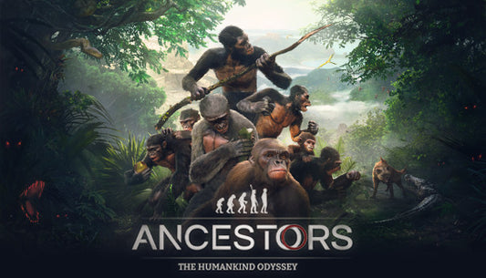 Official cover art for Ancestors: The Humankind Odyssey showing a prehistoric landscape and early human ancestors.