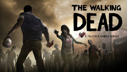 Official cover art for the post-apocalyptic adventure game The Walking Dead featuring characters in a survival setting.
