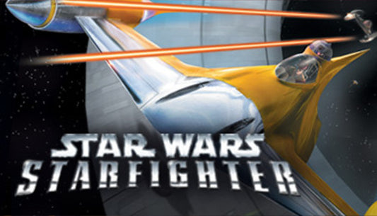 Official cover art for the space combat game STAR WARS Starfighter featuring starfighters in an orbital battle.