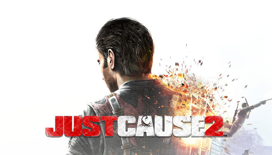 Official cover art for the action-adventure game Just Cause 2 featuring Rico Rodriguez skydiving above a tropical island.