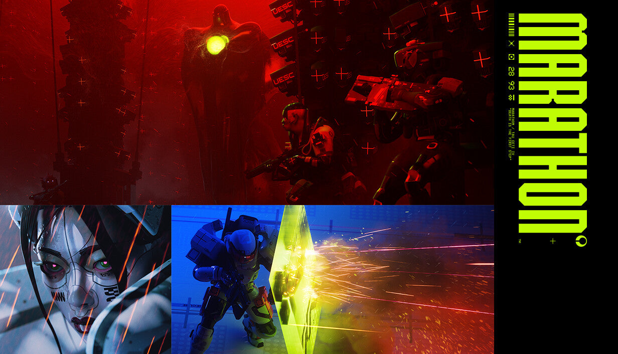 Tense, sci-fi concept art for Bungie’s Marathon showing a Runner with a high-contrast neon green vertical title bar.