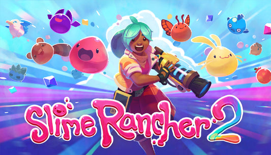 Official cover art for Slime Rancher 2 featuring a cute, glowing blue slime with pink ears in a colorful, vibrant environment.
