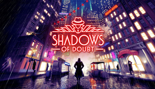 Official cover art for Shadows of Doubt featuring a detective silhouette in a rainy, neon-lit cyberpunk city.
