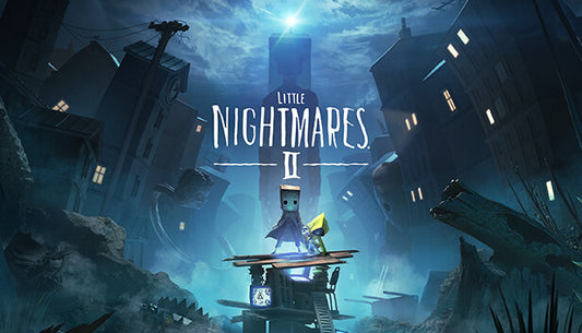 Official cover art for the puzzle-platformer game Little Nightmares II featuring protagonists Mono and Six.