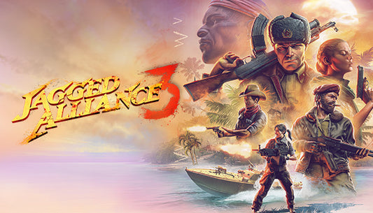 Official cover art for the tactical strategy game Jagged Alliance 3 featuring a group of armed mercenaries in a jungle.