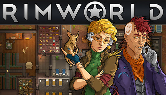 Official cover art for RimWorld featuring a character in a sci-fi colony setting with a desert landscape.