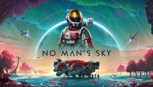 Official cover art for the space exploration game No Man's Sky featuring a small figure standing on a vibrant alien planet.