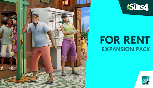 Official cover art for The Sims 4 For Rent Expansion Pack featuring Sims in a vibrant, multi-unit residential building.