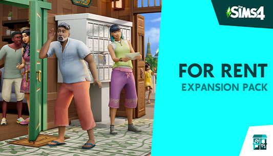 Official cover art for The Sims 4 For Rent Expansion Pack featuring Sims in a vibrant, multi-unit residential building.