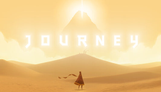 Minimalist landscape of a cloaked figure walking through a vast desert toward a glowing, split mountain peak.