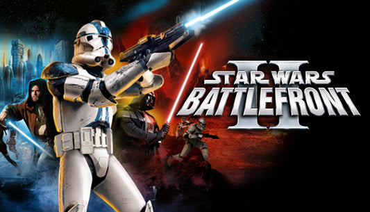 Official cover art for the game STAR WARS Battlefront II (Classic, 2005) featuring a group of Clone Troopers in battle.
