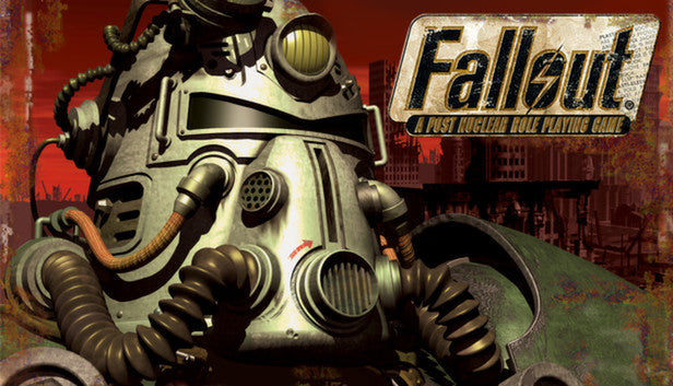 Official cover art for the classic RPG Fallout: A Post Nuclear Role Playing Game featuring retro-futuristic power armor artwork.