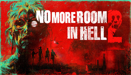 Official cover art for No More Room in Hell 2 featuring a gruesome zombie face and four armed survivors silhouetted against a blood red sky.