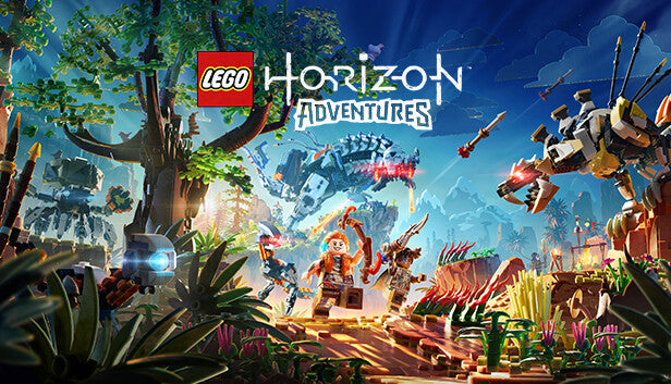 Official cover art for LEGO Horizon Adventures featuring Aloy and Varl in a vibrant, brick-built world.