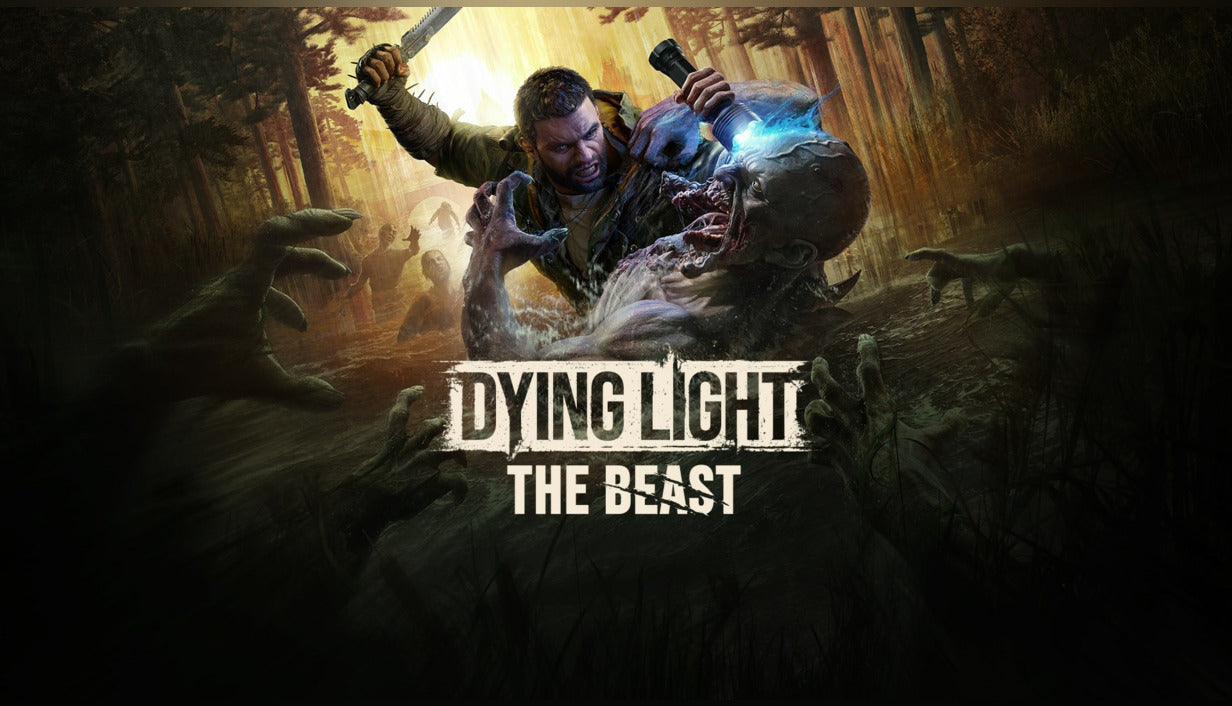 Cover art for Dying Light: The Beast, depicting Kyle Crane grappling with a monstrous infected zombie in a dark, muddy swamp while holding a glowing UV flashlight.