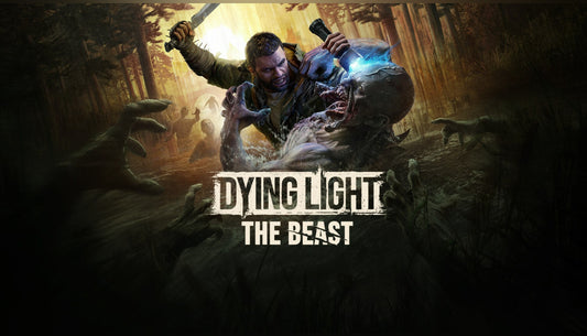 Cover art for Dying Light: The Beast, depicting Kyle Crane grappling with a monstrous infected zombie in a dark, muddy swamp while holding a glowing UV flashlight.