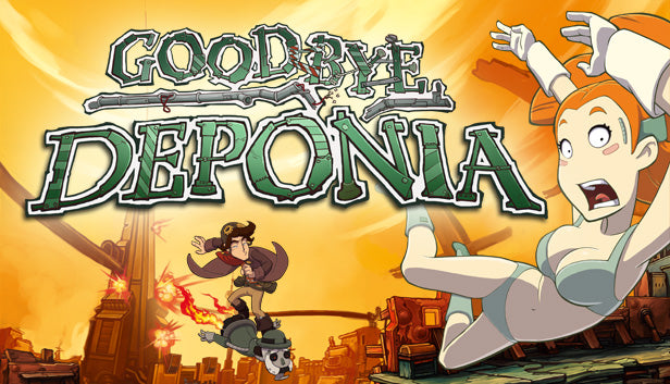 Cover art for Goodbye Deponia featuring Rufus and Goal falling amidst a fiery junk landscape.