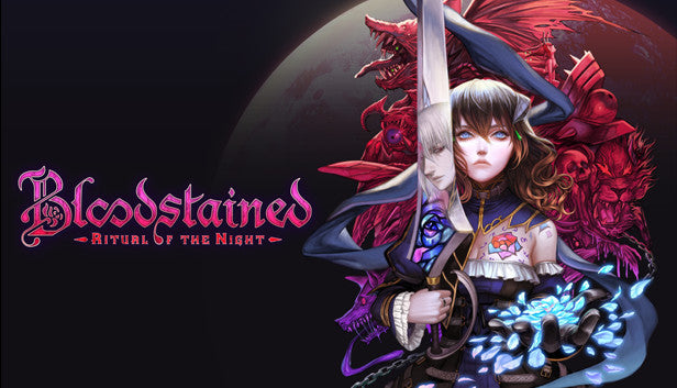Official cover art for Bloodstained: Ritual of the Night featuring Miriam in a gothic stained-glass aesthetic.