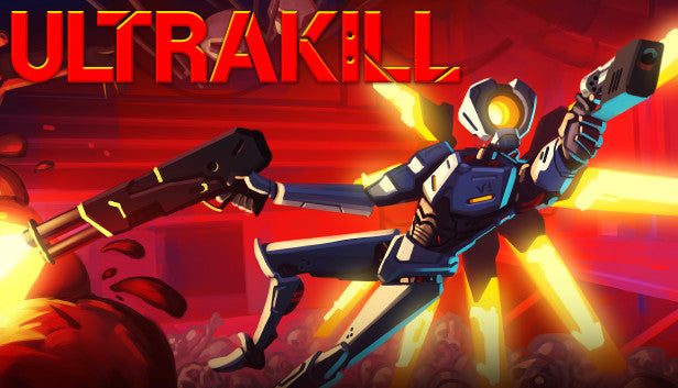Action-packed stylized cover art for the FPS game ULTRAKILL featuring a robotic character in a high-energy combat pose.