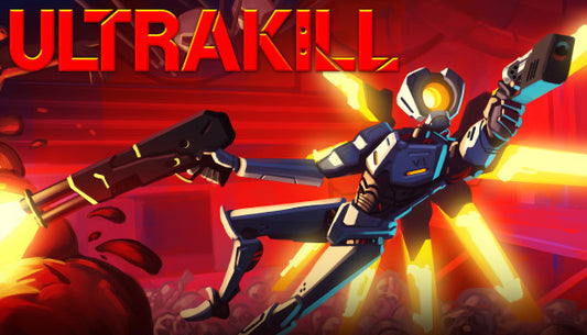 Action-packed stylized cover art for the FPS game ULTRAKILL featuring a robotic character in a high-energy combat pose.