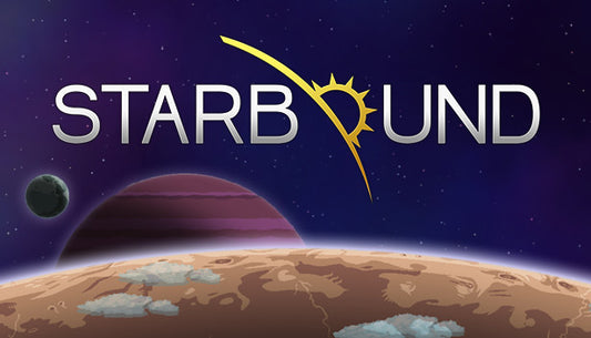 Official cover art for the sci-fi sandbox game Starbound featuring a diverse group of characters and a spaceship.