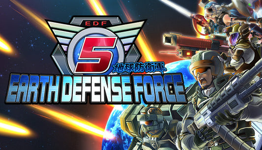 Official cover art for the action game EARTH DEFENSE FORCE 5 featuring a soldier fighting giant insects.