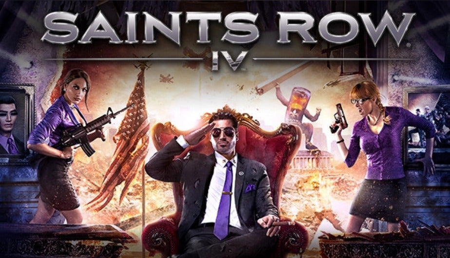 Official promotional cover art for the action-adventure video game Saints Row IV featuring characters in an explosive urban setting.