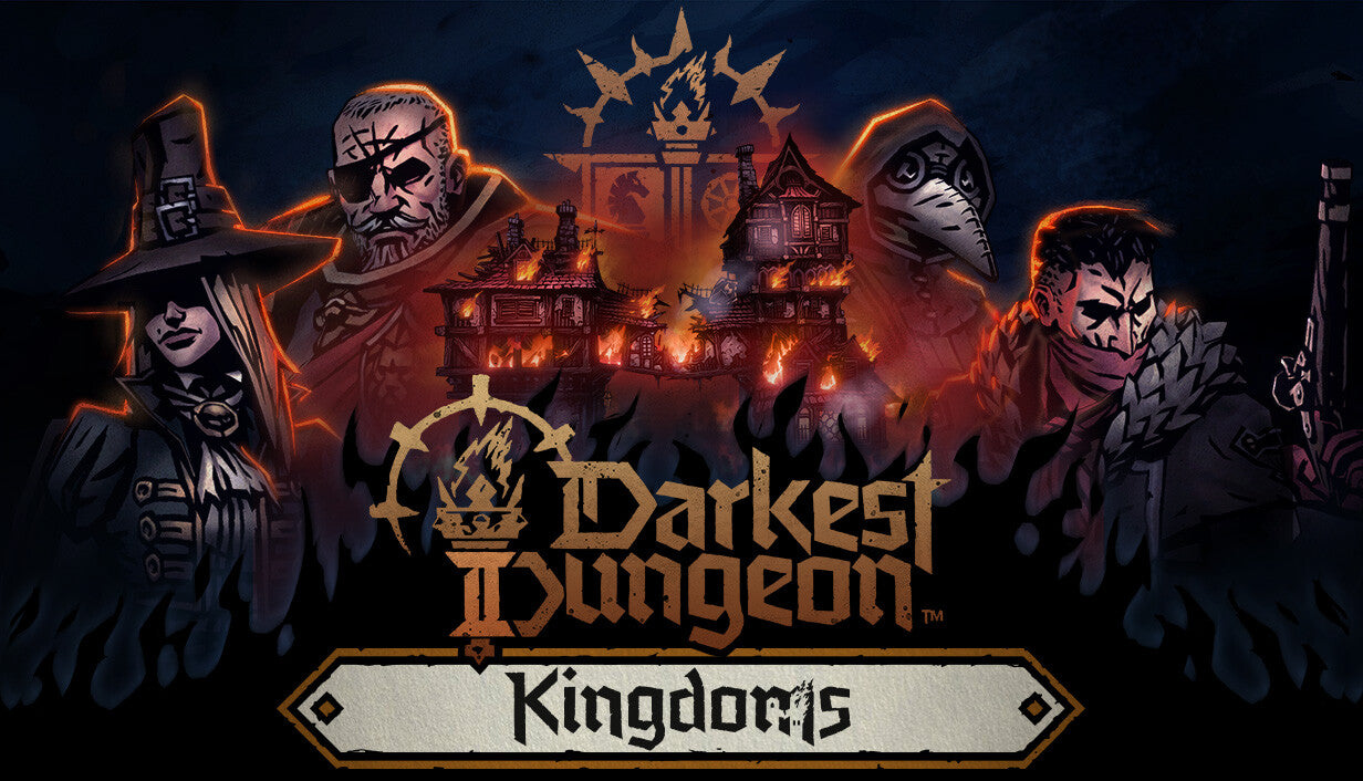 Official cover art for the gothic roguelike game Darkest Dungeon II featuring stylized characters in a dark fantasy setting.