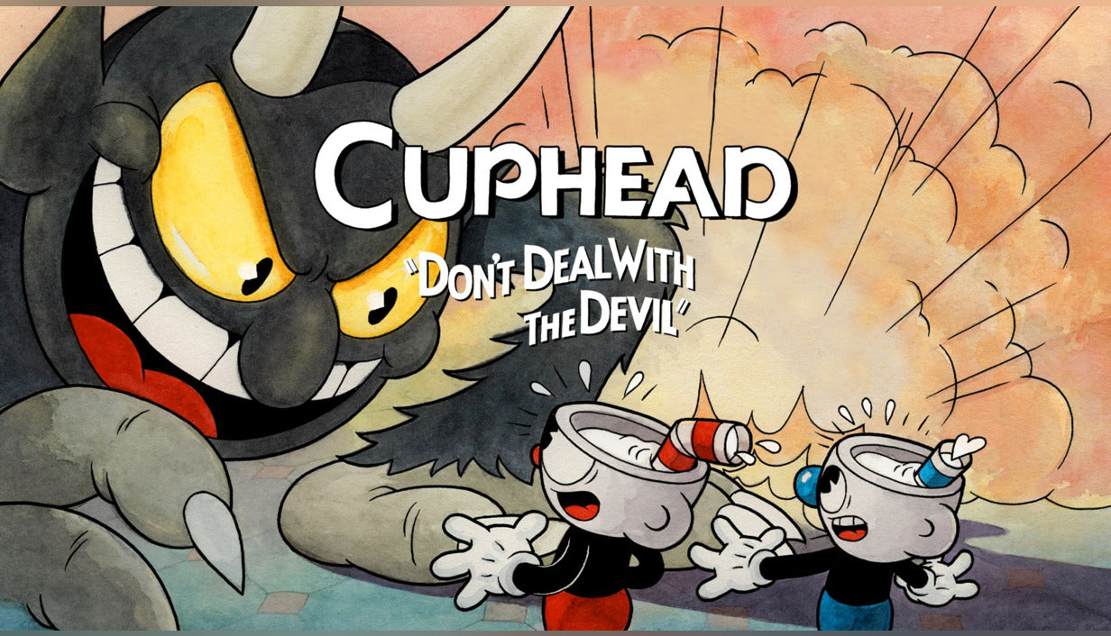 Hand-drawn 1930s cartoon-style cover art for the run and gun action game Cuphead.